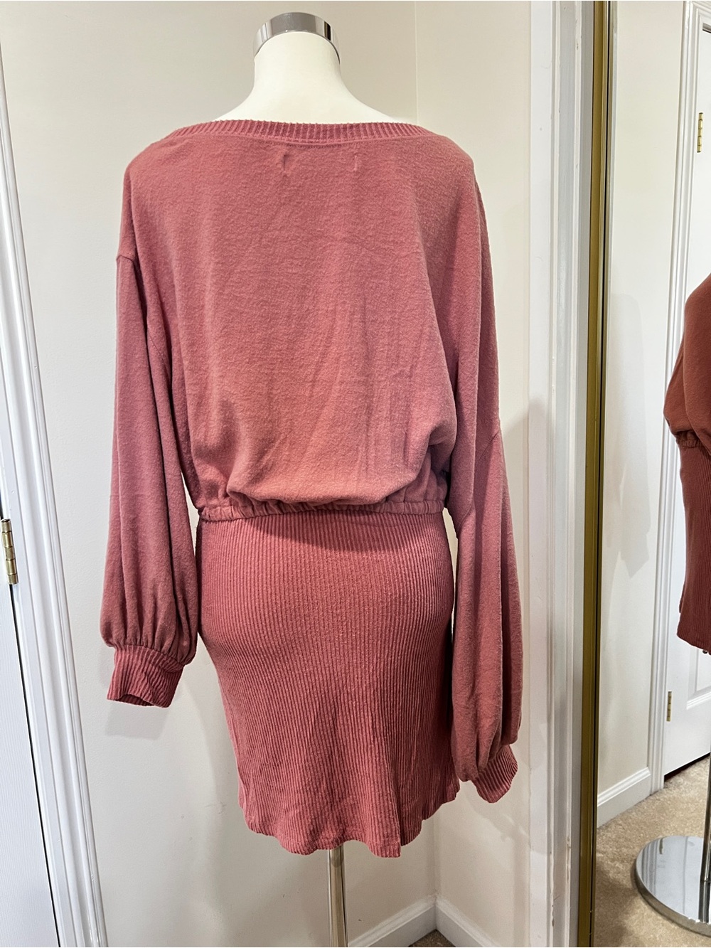 Free People Beach Off Shoulder Balloon Sleeve Mini Dress Size Large Blush Pink - Picture 12 of 15